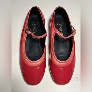 CHANEL Red Patent Leather Flats